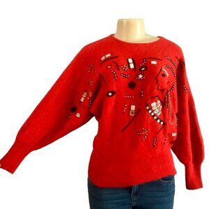 1980s Lambswool & Angora Red Sweater with Embellishments size M 80s women retro